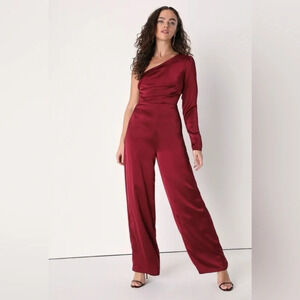 Lulus | Wine Red Satin One-Shoulder Jumpsuit | NEW WITH TAG 🏷️ burgundy